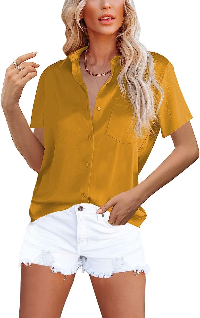 OMSJ Women's Button Down Shirts Satin V Neck Long Sleeve Casual Work Blouse Tops with Pocket - Image 1